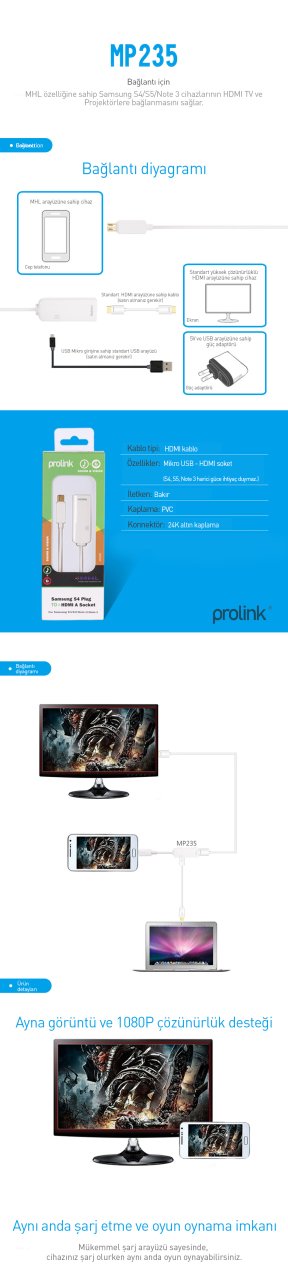 Prolink MP235 MHL HDMI KABLO Samsung S3-S4-Note2-Note3-Note4