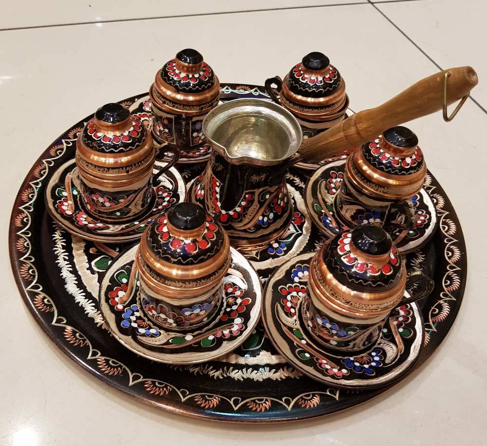 Hakiki Bakır 7�Li Kahve Fincanı ve Cezve Set