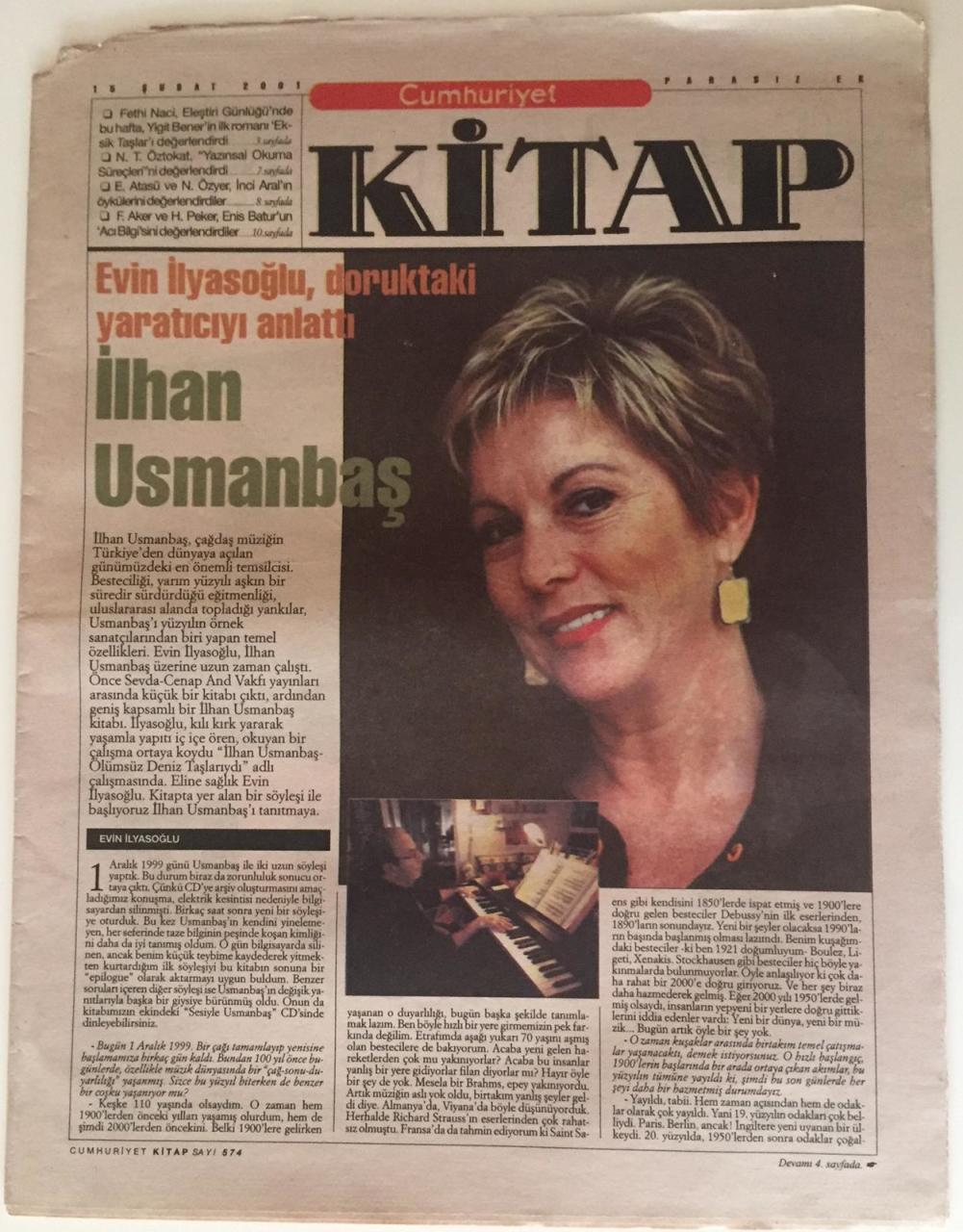 Cumhuriyet Gazetesi Kitap Eki 15 Şubat 2001 Evin İlyasoğlu