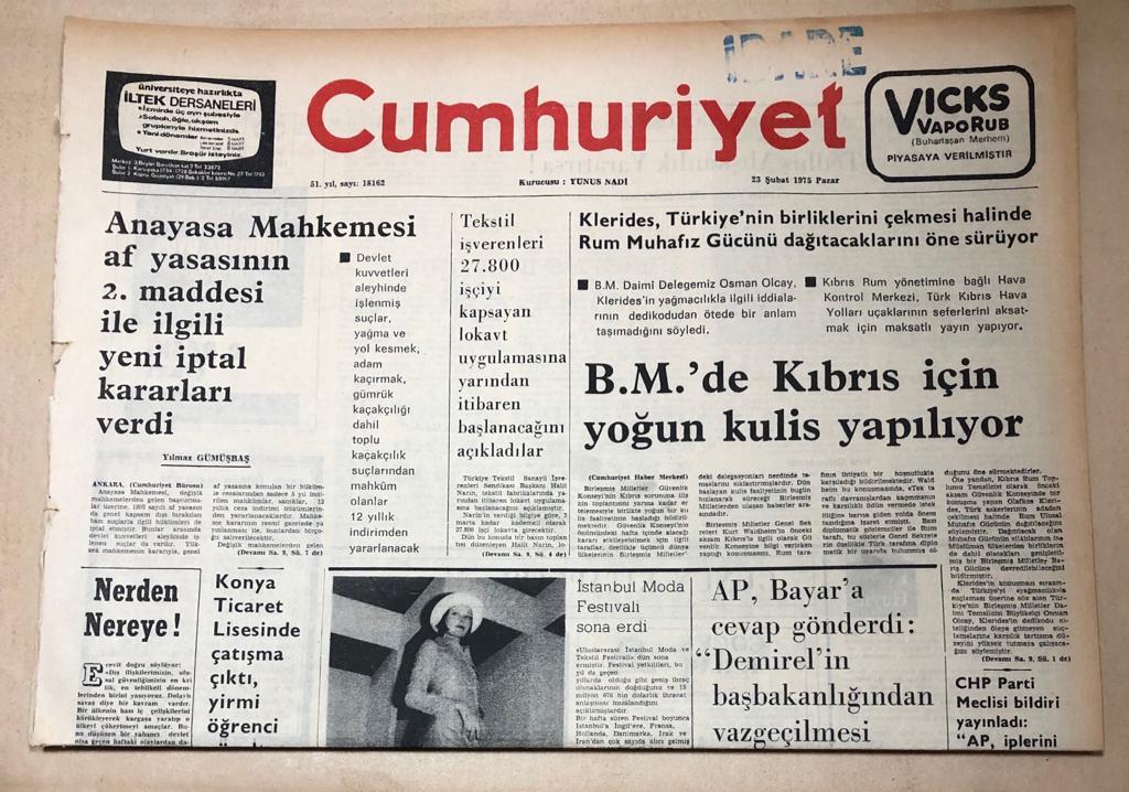 Cumhuriyet Gazetesi 23 Şubat 1975 GZ168 - - 1975