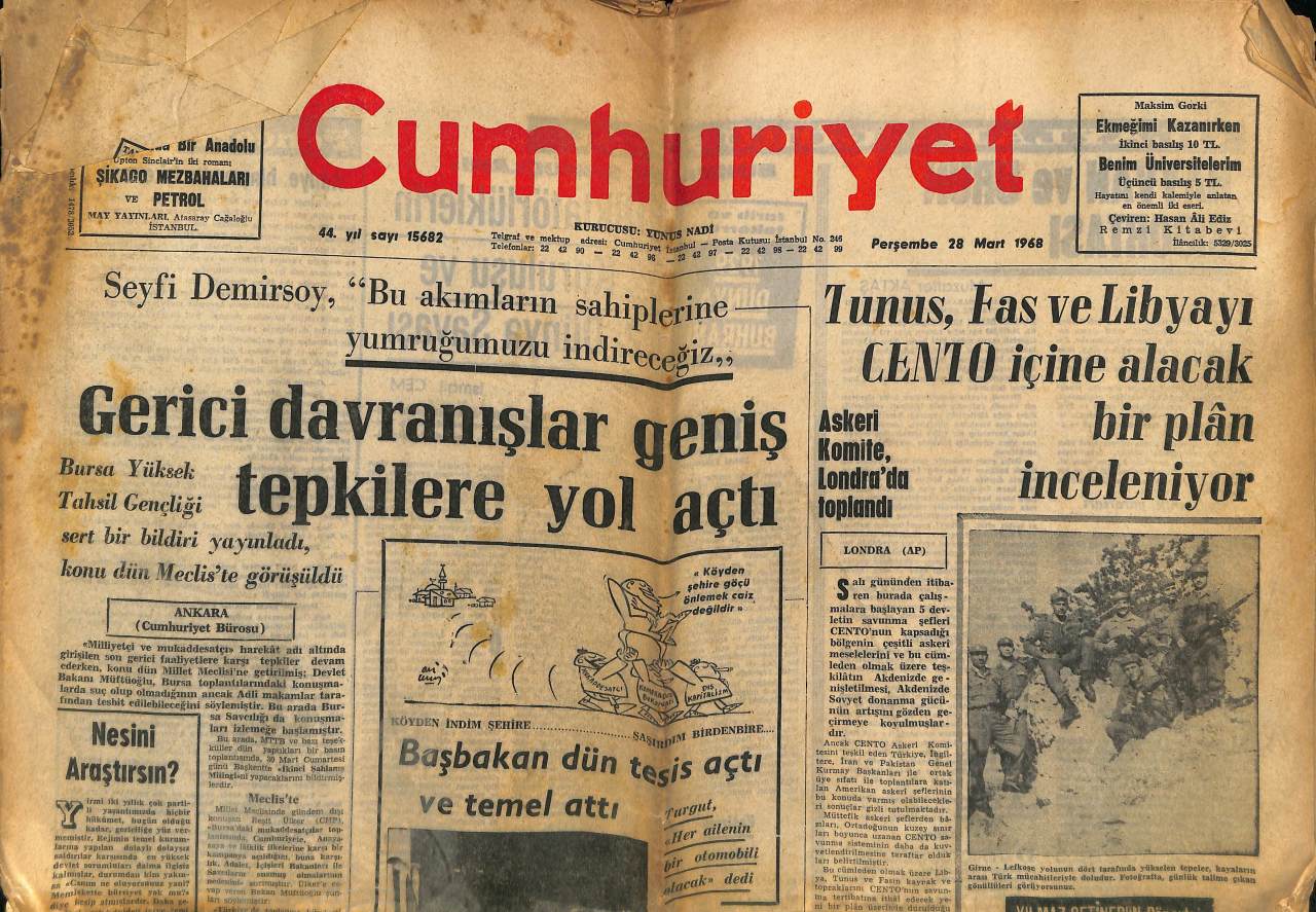 Cumhuriyet Gazetesi 28 Mart 1968 Tunus Fas Ve Libyayı Cento İçine