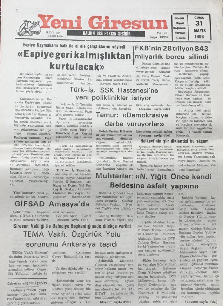 Yeni Giresun Gazetesi 31 Mayıs 1996 ''FKB'nin 28 Trilyon ...