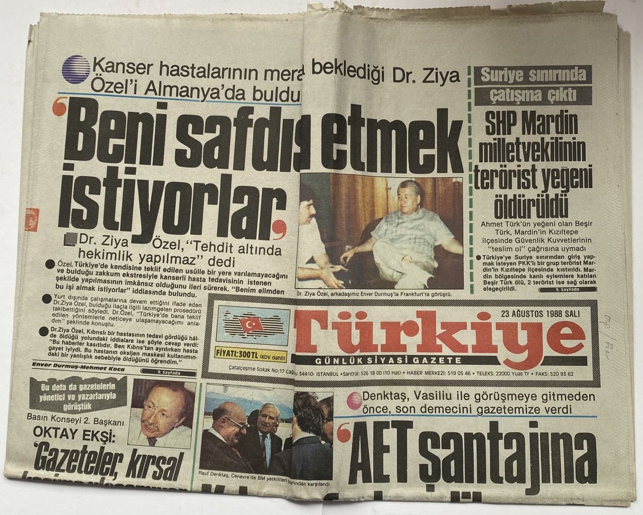 Türkiye Gazetesi 23 Ağustos 1988 - Kanser Hastalarının Merakla Beklediği  Dr. Ziya Özel&#39;i Almanya&#39;da Bulduk GZ62702 - - Türkiye