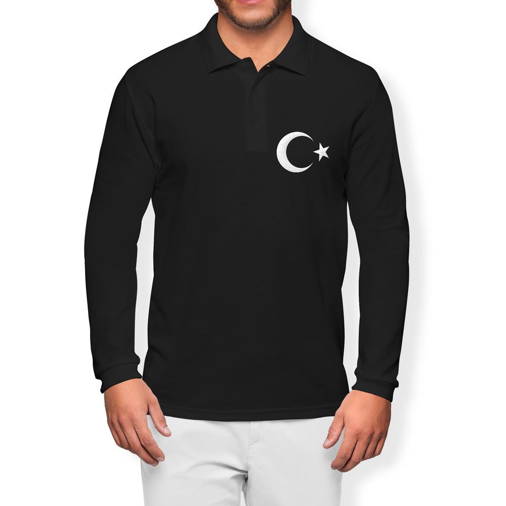 Ay Yildiz Polo Yaka Uzun Kol Tisort Siyah S