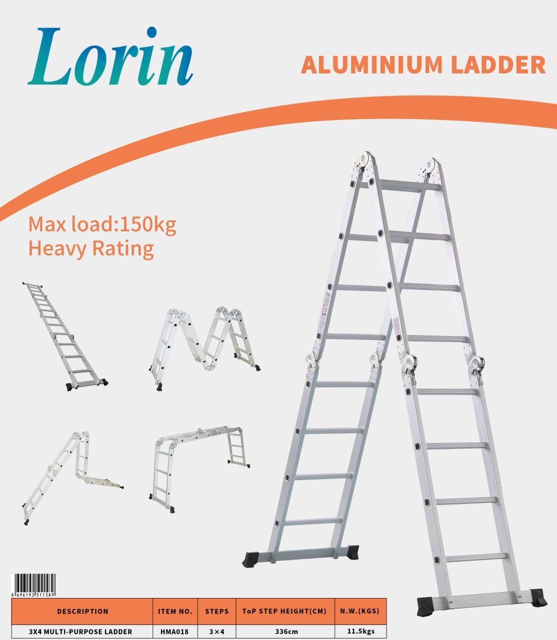 lorin cok amacli fonksiyonel akrobat aluminyum merdiven 4x3 hma018