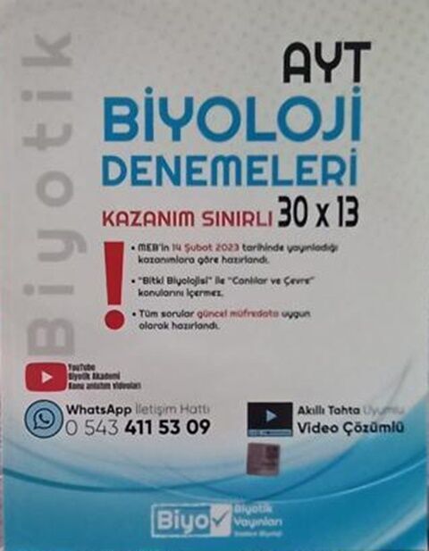 Biyotik YKS AYT Biyoloji Kazanım Sınırlı 30x13 Deneme Video Çözümlü Biyotik Yayınları Biyotik YKS AYT Biyoloji Kazanım Sınırlı 30x13 Deneme Video Çözümlü Biyotik Yayınları