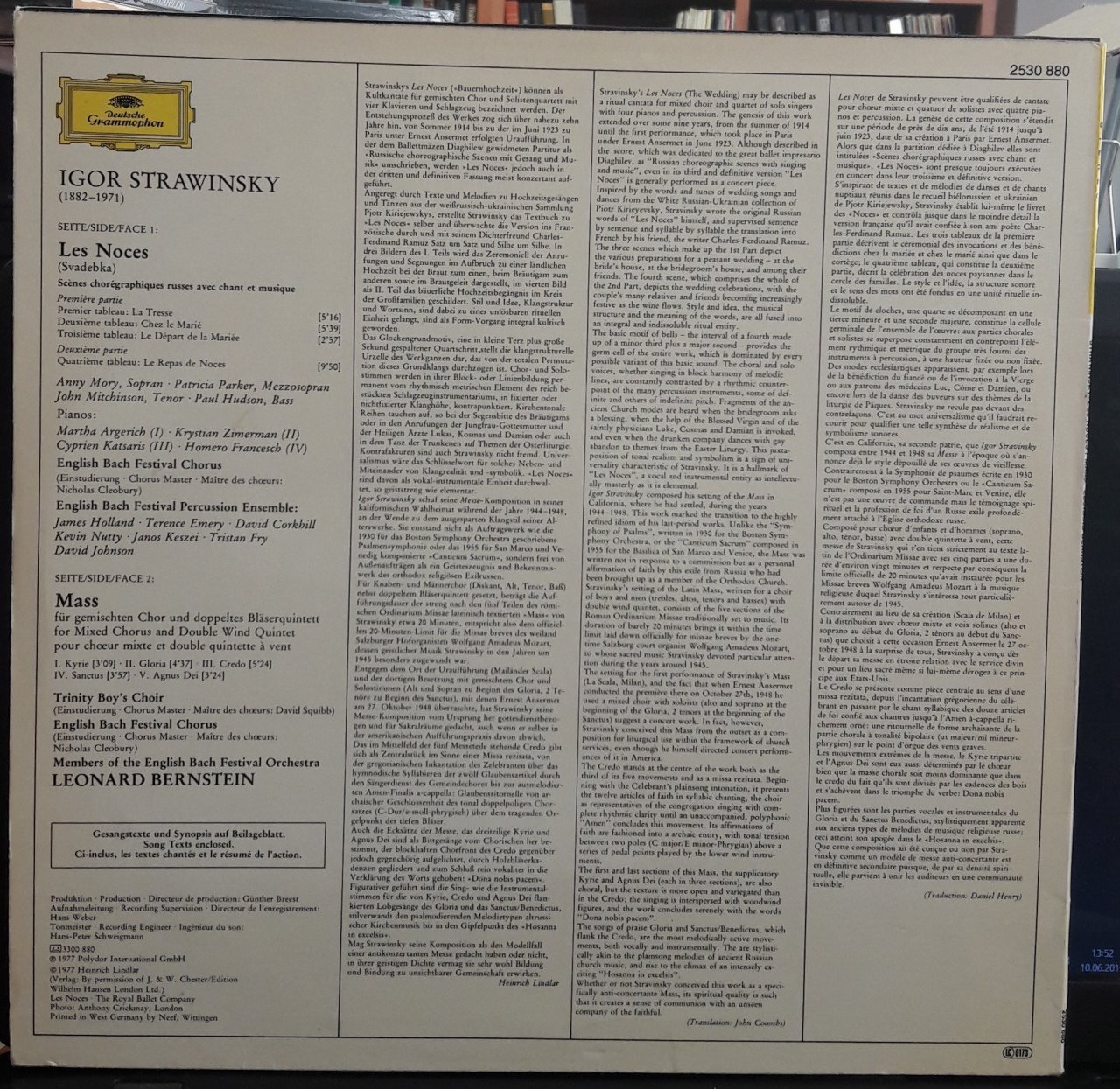 Stravinsky Les Noces Mass Leonard Bernstein 1977 Plak 2el 6373