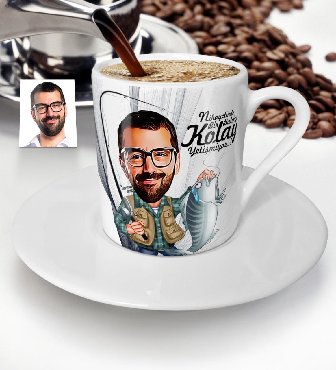 Kişiye Özel Bay Balıkçı Karikatür Türk Kahvesi Fincanı 1