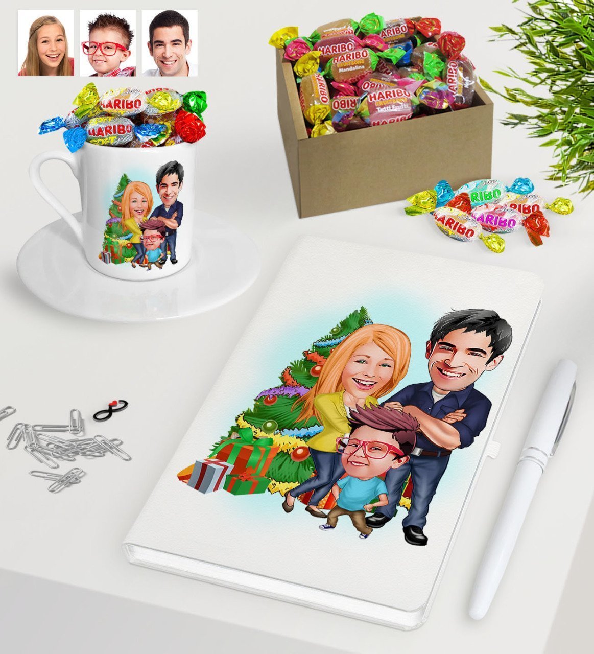 Kişiye Özel Yeni Yıl Aile Karikatürlü Beyaz Defter Kalem