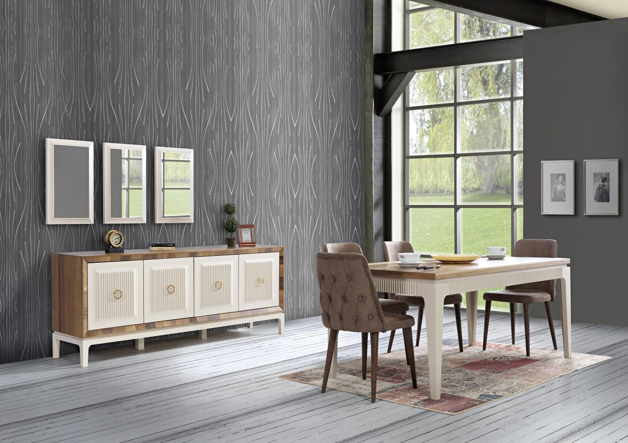 Beyda Yemek Odasi Takimi Icerisinde Vitrin Konsol Tv Unitesi Masa Ve 6 Sandalye Vardir Takim E1 Standartlarina Uyg Furniture Home Decor Table