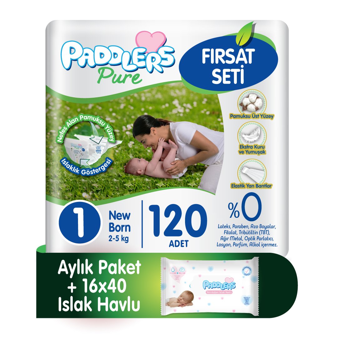 PADDLERS Paddlers Pure Bebek Bezi 1 Numara Newborn 120 Adet ( 25 kg