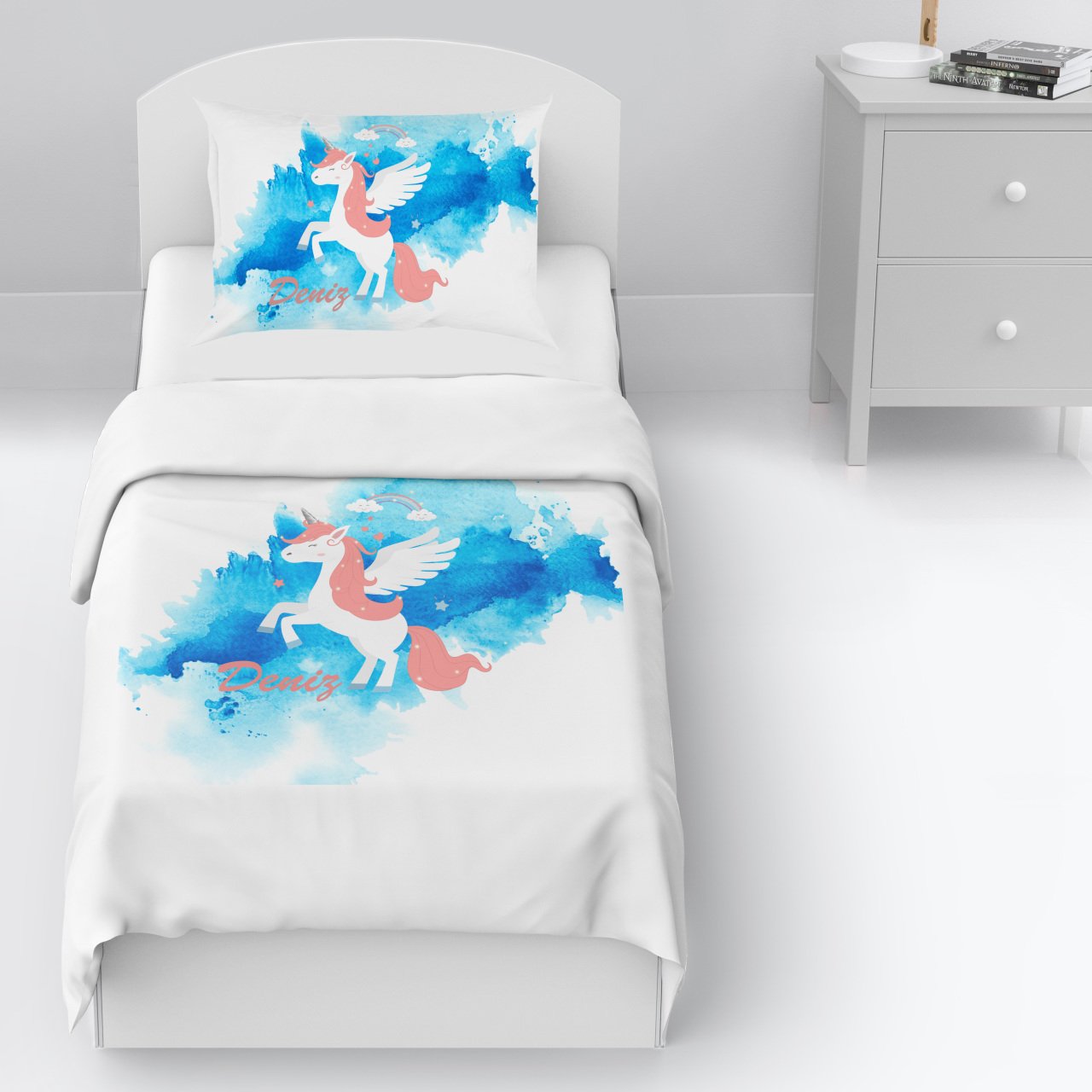 Kişiye Özel Tek Kişilik Yatak Örtüsü Unicorn