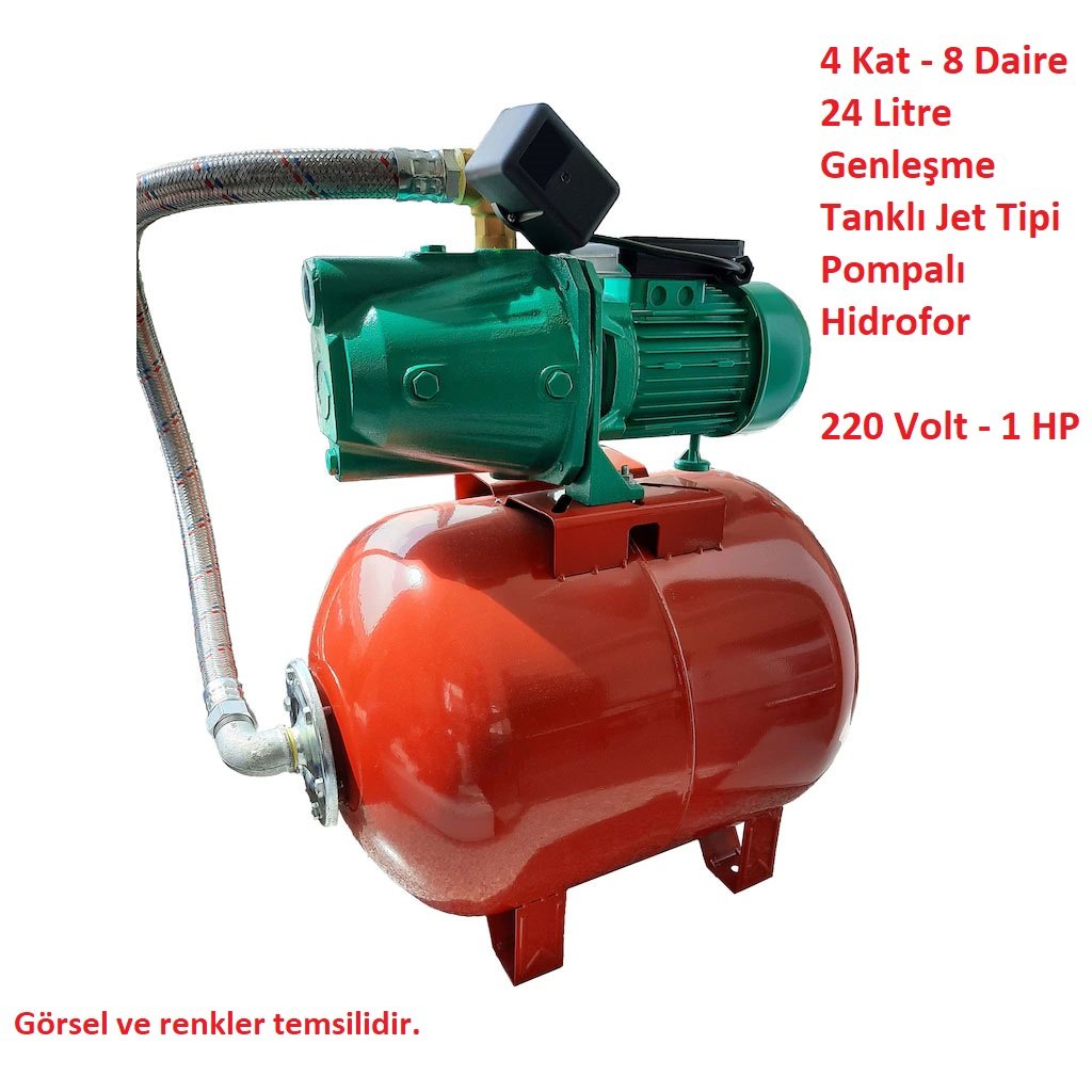 4 kat 8 daire kapasiteli 24 litre yatay tankli 1 hp jet tipi hidrofor