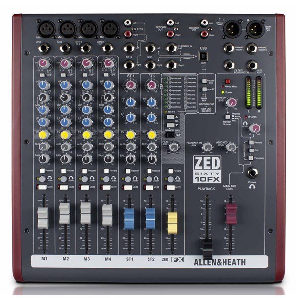 Allen Heath ZED60-10FX 4 mic/line inputs 2 stereos 60mm faders USB FX Allen Heath ZED60-10FX 4 mic/line inputs 2 stereos 60mm faders USB FX