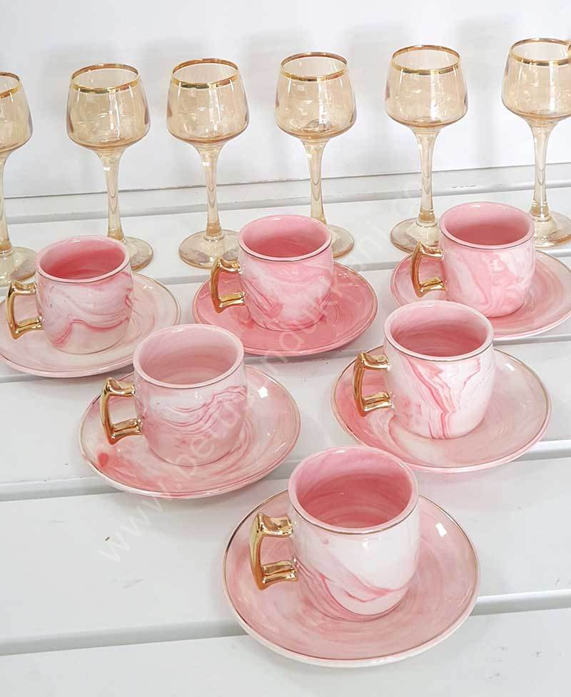 Mermer Desenli Kahve Fincan Takımı Pembe