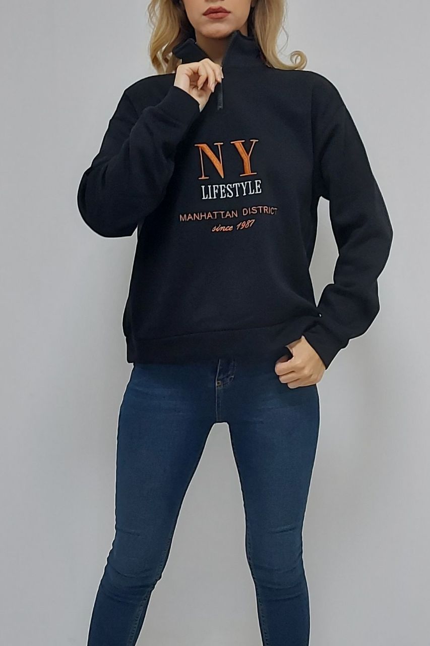 NY Nakışlı Üç İplik İçi Pamuk Yakası Fermuarlı Sweatshirt Siyah