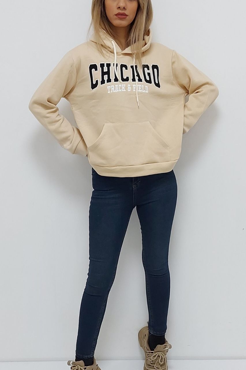 Chicago Baskılı Kapüşonlu Oversize İçi Tüylü Sweatshirt Krem