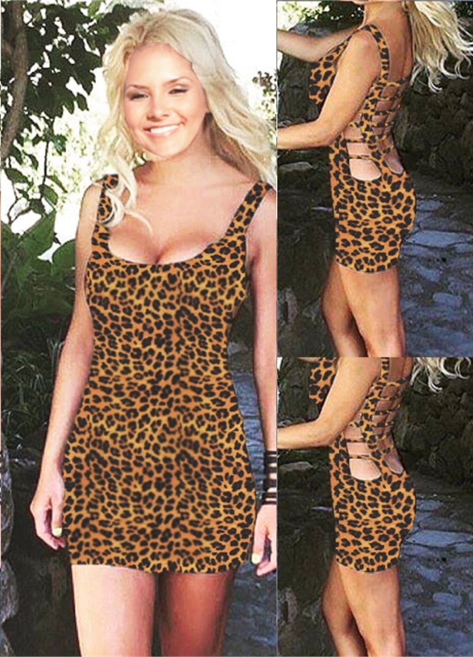 Simetrik Dekolteli Leopar Mini Elbise ABM5532 Simetrik Dekolteli Leopar Mini Elbise ABM5532