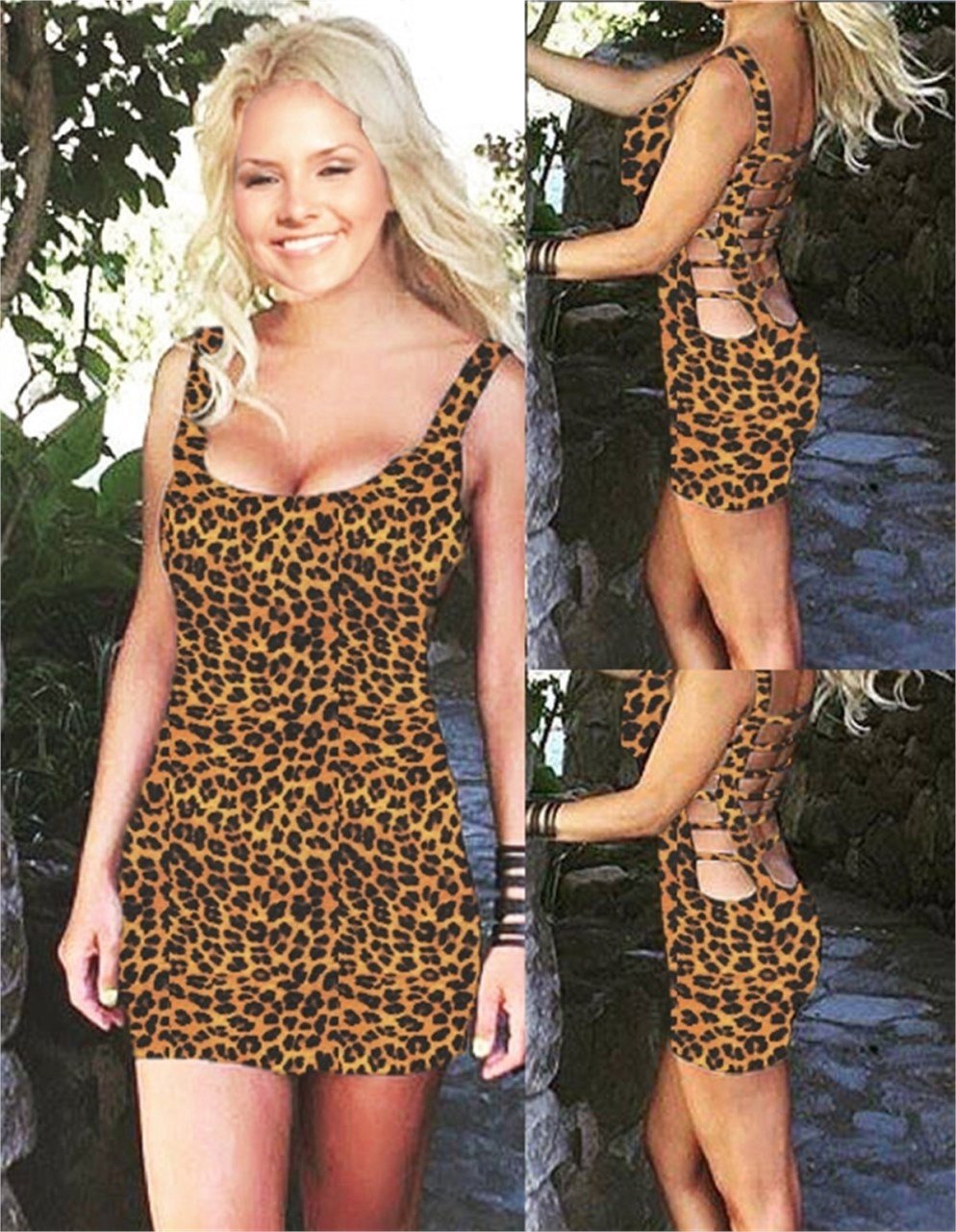 Leopar Sırt Dekolteli Mini Elbise ABM4925