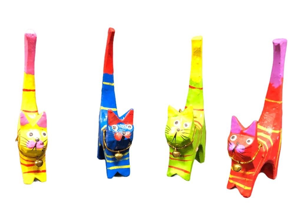 Ahşap Mini Rengarenk Kedi Bibloları (4 Adet) Toptan Dekoratif Biblo