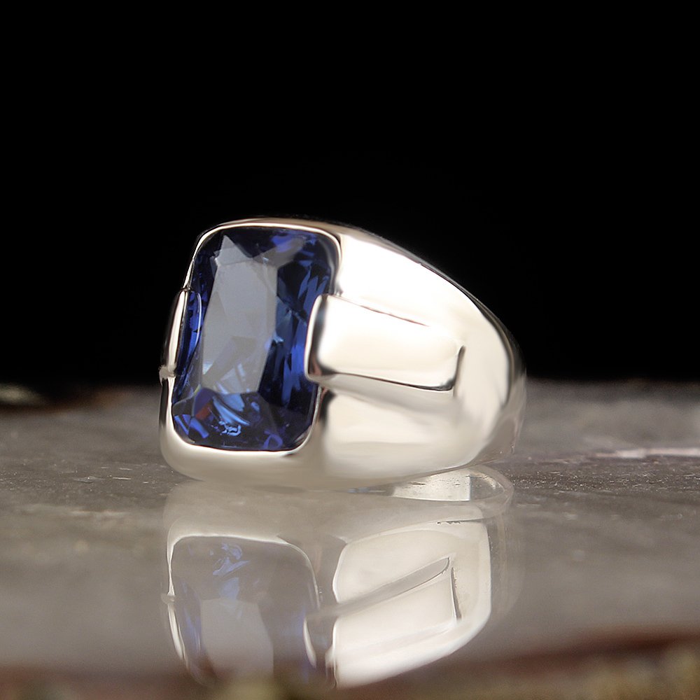Elegant Mens Ring Solid Silver Sterling 925 Blue Sapphire Asian