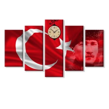 ataturk ve bayrak resimli 5 parcali saatli kanvas tablo