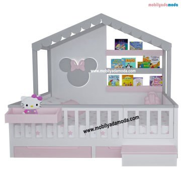 Minnie'li Arkası Kitaplıklı Pencereli Montessori Karyola IŞIKLI&PLEKSİLİ
