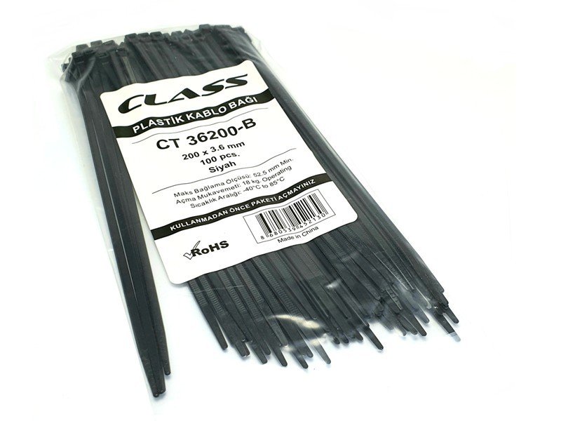 CLASS CT36200B 20cm Siyah Kablo Bağı Cırt Kelepçe 100Adet