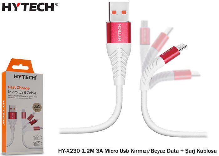 Hytech HY-X230 1.2mt 3A Micro Usb KÄ±rmÄ±zÄ±-Beyaz Data Åarj Kablosu