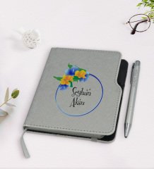 Kişiye Özel İsimli Gri Termo Deri Defter Kalem Seti-17