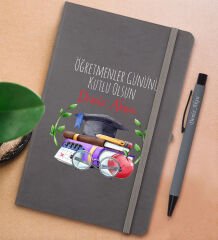 BK Gift Kişiye Özel Öğretmenler Günü Tasarımlı Gri Termo Deri Defter ve Metal Versatil Kalem(0,7 Kurşun) Hediye Seti-3