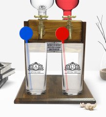Kişiye Özel Renkli Baskılı İsimli İkili Vodka Bardağı ve Çift Musluklu Doğal Ahşap Vodka Standı-13