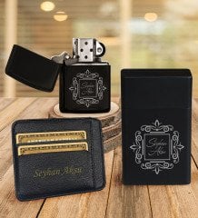 Kişiye Özel İsimli Kartlık Siyah Metal Sigara Tabakası Benzinli Çakmak Seti - 1