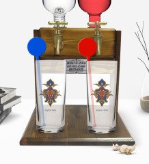 Kişiye Özel Renkli Baskılı İsimli İkili Vodka Bardağı ve Çift Musluklu Doğal Ahşap Vodka Standı-108