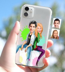 Kişiye Özel Sevgililer Karikatürlü iPhone 11 İnce Şeffaf Silikon Telefon Kapağı-35