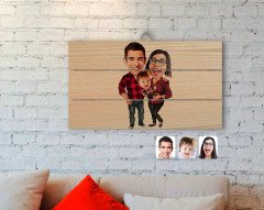 Kişiye Özel Aile Karikatürlü Otantik Ahşap Palet Tablo-2