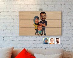 Kişiye Özel Tesettürlü Aile Karikatürlü Otantik Ahşap Palet Tablo-1