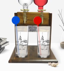Kişiye Özel Renkli Baskılı Kız Kulesi Tasarımlı İkili Vodka Bardağı ve Çift Musluklu Doğal Ahşap Vodka Standı-2