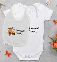 BK Kids Annesinin Balı Tasarımlı Bebek Body Zıbın ve Mama Önlüğü Hediye Seti - Model 1
