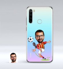 Kişiye Özel Sarı Kırmızı Futbolcu Karikatürlü Xiaomi Redmi Note 8 İnce Şeffaf Silikon Telefon Kapağı