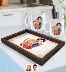 Kişiye Özel İsimli Sevgililer Karikatürlü Doğal Ahşap Tepsi ve 2âli Kupa Bardak Seti-89