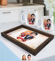 Kişiye Özel İsimli Sevgililer Karikatürlü Doğal Ahşap Tepsi ve 2âli Kupa Bardak Seti-94