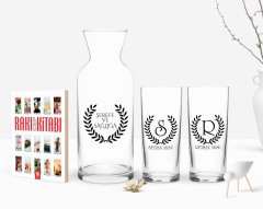 Kişiye Özel Renkli Baskılı Çelenk Baş Harfli İsimli İkili Rakı Bardağı Karaf ve Cep Kitabı Hediye Seti-5