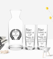 Kişiye Özel Renkli Baskılı Bahane Mi Yok Tasarımlı İkili Rakı Bardağı ve Karaf Hediye Seti-1