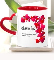 Kişiye Özel Sevgili İsim Anlamı Kırmızı Kalpli Kupa Bardak - 4