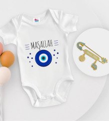 BK Kids Kişiye Özel Maşallah Tasarımlı Beyaz Bebek Body Zıbın ve Erkek Bebek İğnesi Hediye Seti-1
