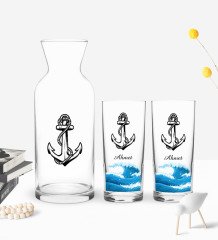 Kişiye Özel Renkli Baskılı Çapa Tasarımlı İkili Rakı Bardağı ve Karaf Hediye Seti-2