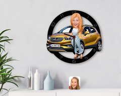 Kişiye Özel Plakalı Kadın Opel Mokka Karikatürlü Ahşap Duvar Saati-1