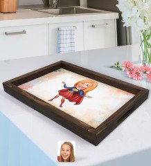 Kişiye Özel Süper Girl Karikatürlü Doğal Ahşap Tepsi-1