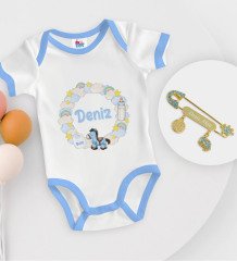 BK Kids Kişiye Özel İsimli Mavi Bebek Body Zıbın ve Erkek Bebek İğnesi Hediye Seti-25